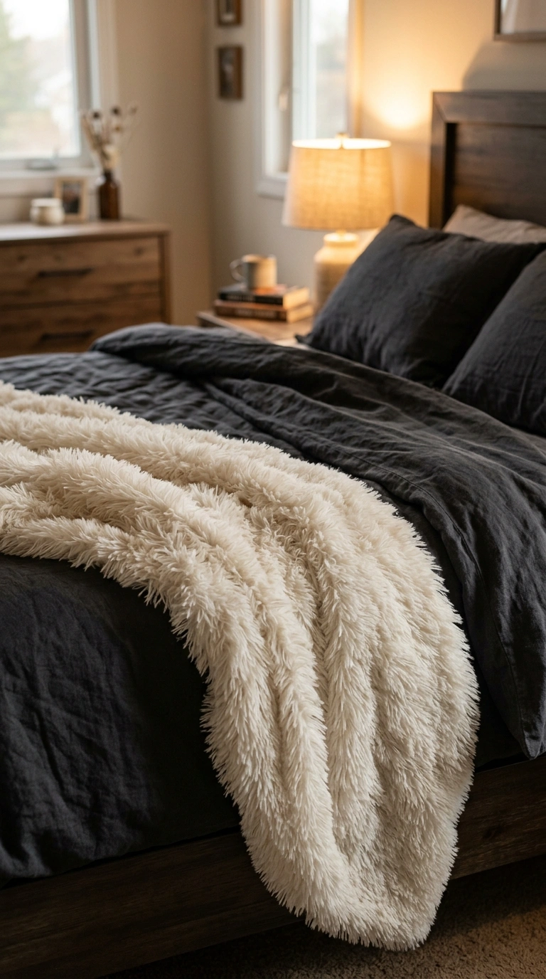 007 Plush Faux Fur A faux fur ivory throw draped loose