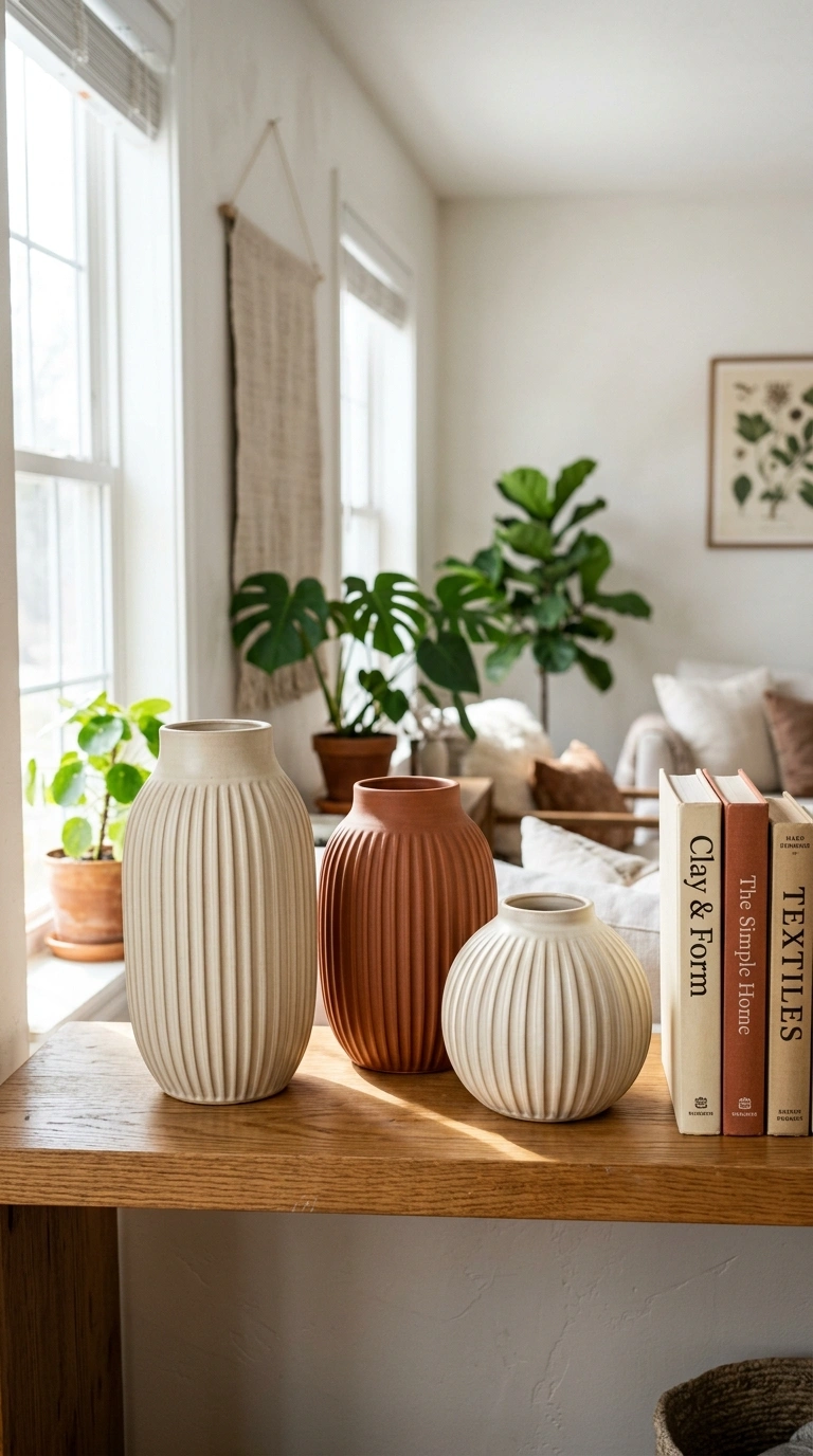 19 Trendy Fall Shelf Decor Ideas for Any Room 8 007 Ribbed Vase Grouping A shelf styled with three rib