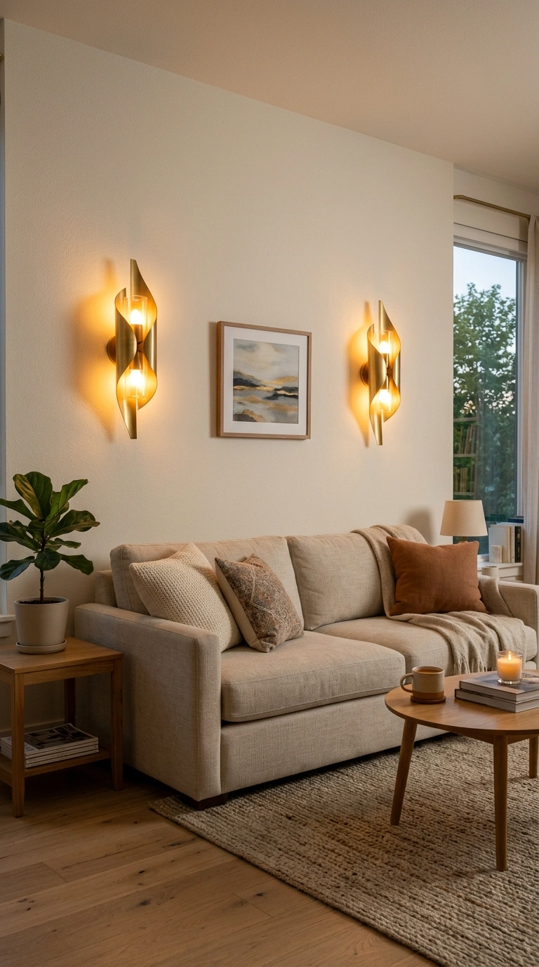007 Sculptural Wall Sconces A living room with a neutr