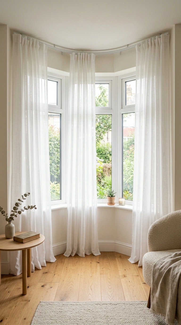 007 Sheer Curtain Layer A bay window dressed simply wi