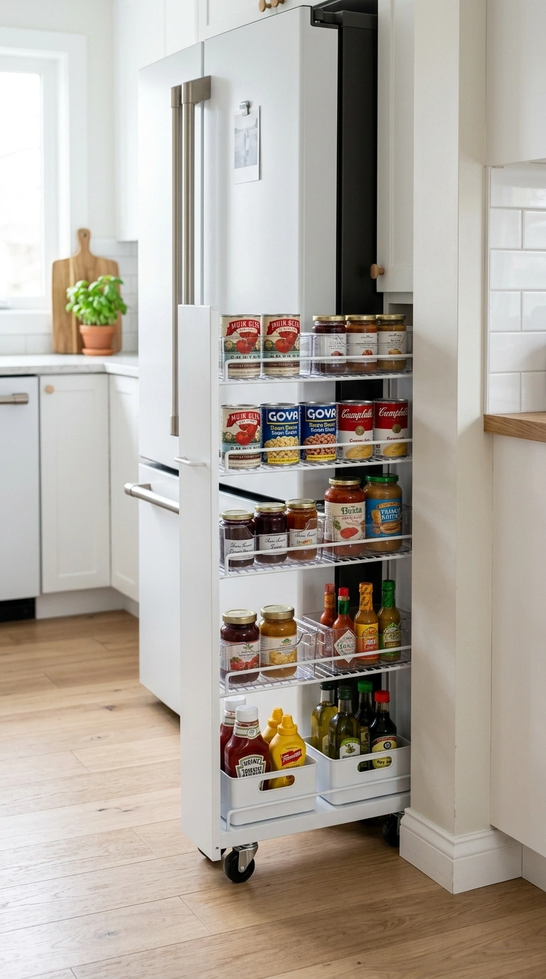 007 Slim Pull Out Pantry A narrow white metal rolling