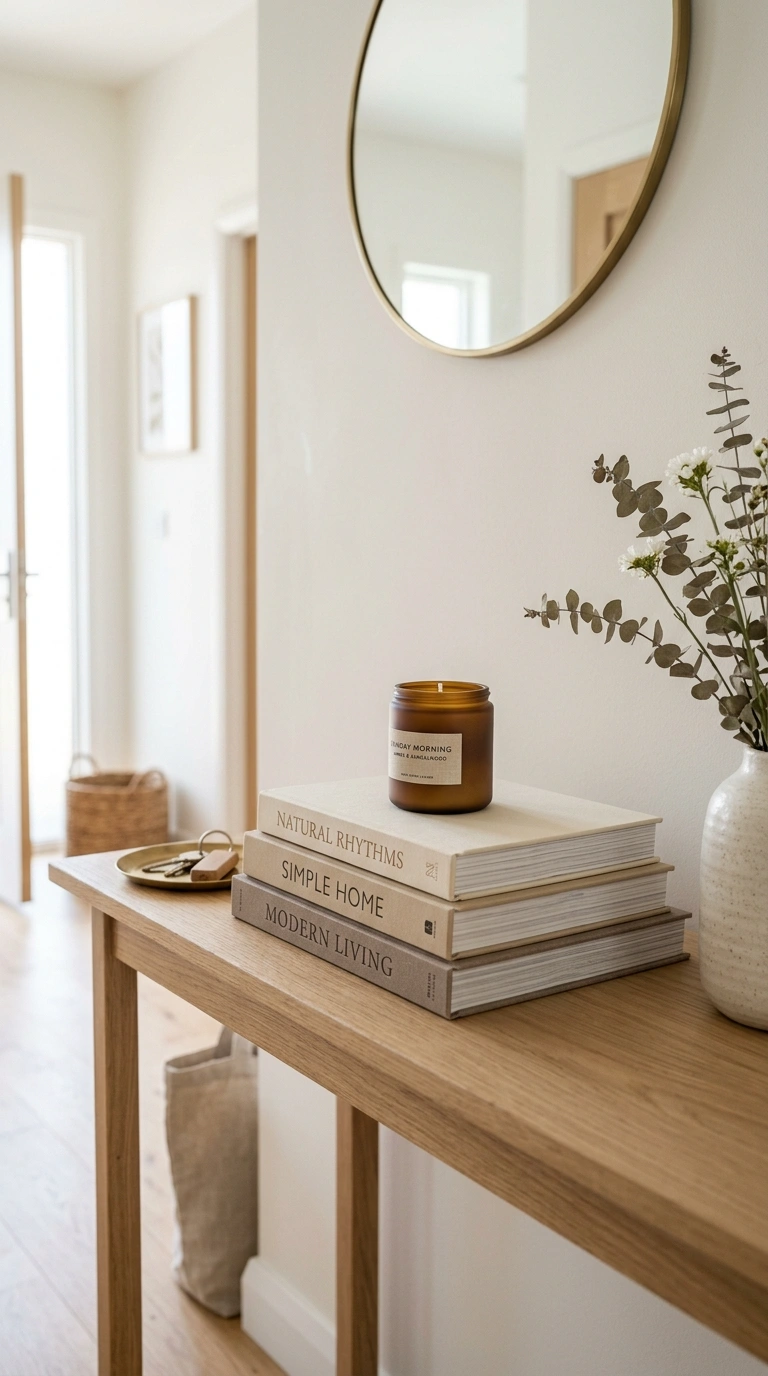 007 Stack Of Books An entryway table with a stack of t