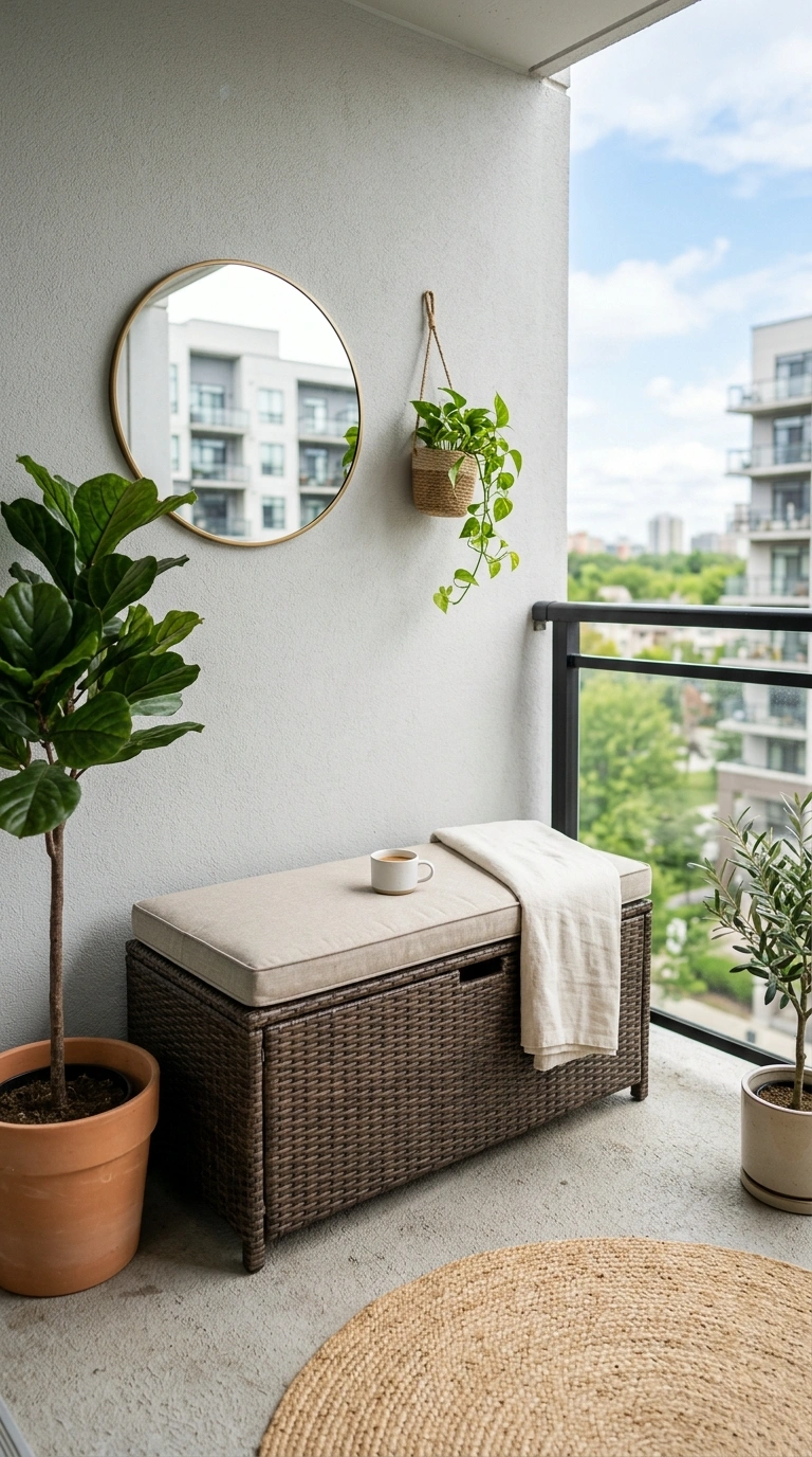 007 Stackable Storage Bench A small balcony with a wea