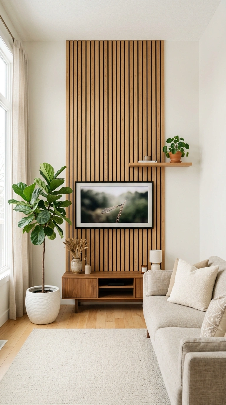 007 Wood Slat Panels Vertical oak slat panels running