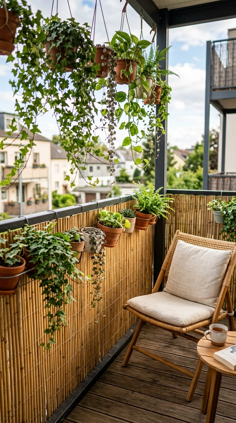 008 Bamboo Privacy Screen A balcony railing lined with