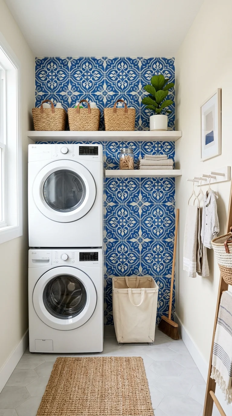 008 Bold Wall Tile A small laundry room with a blue an