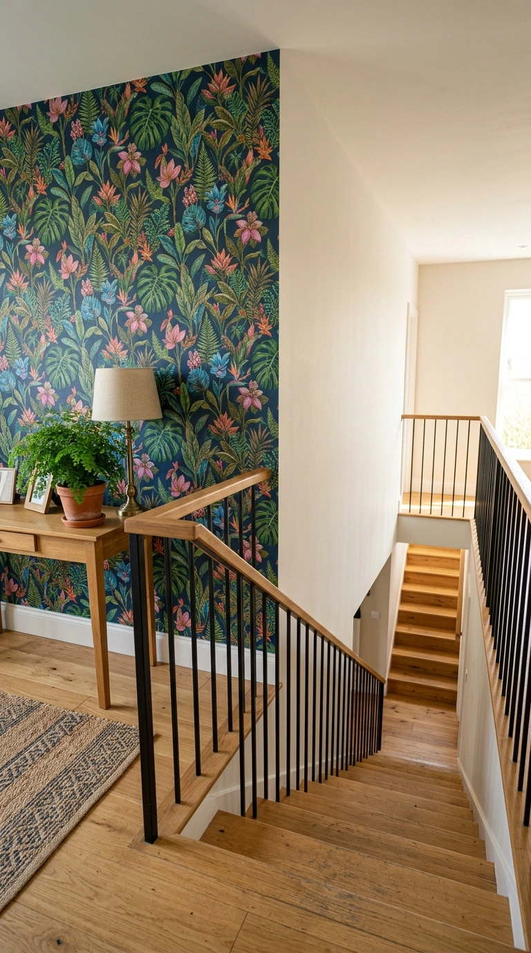 19 Stair Landing Decor Ideas to Make the Most of Your Space 9 008 Bold Wallpaper Accent A stair landing wall covered