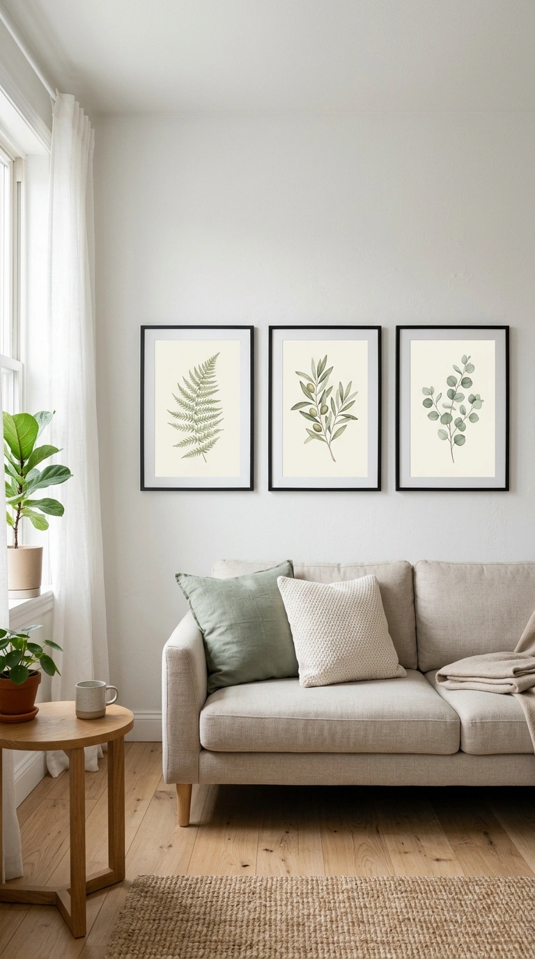 008 Botanical Print Set A living room with a neutral s