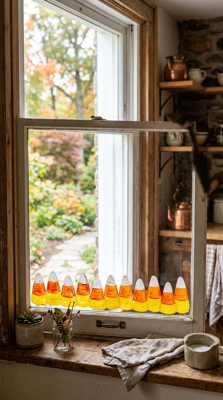 22 Halloween Window Painting Ideas to Make Your Home Stand Out 9 008 Candy Corn Stripes A kitchen window painted with a