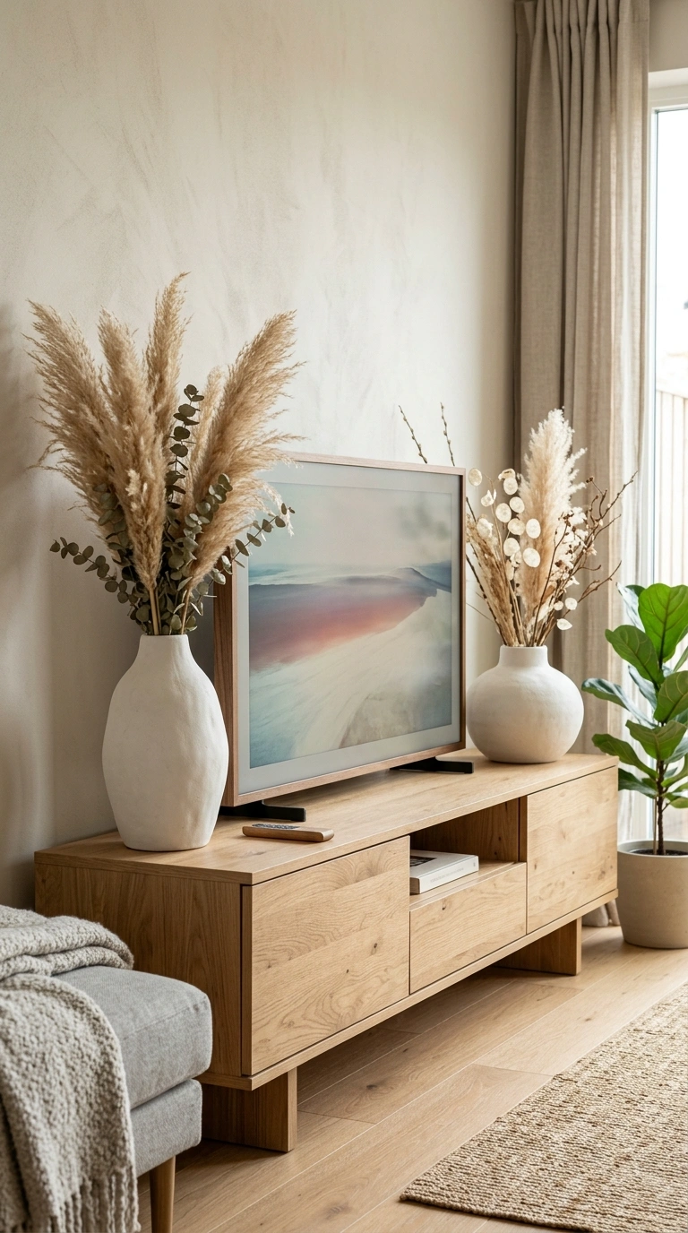 008 Ceramic Vase Pair A TV stand with two matte white