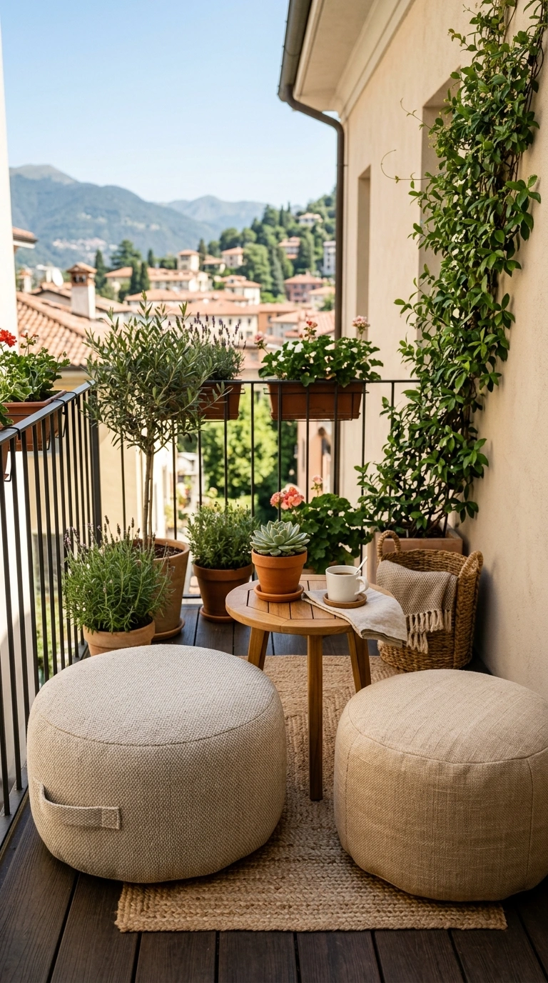 008 Cushioned Floor Poufs A small balcony with two rou