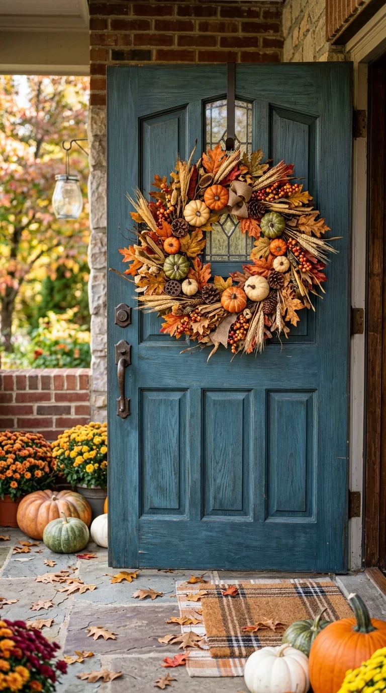 008 Fall Wreath Door A front door with a wreath made o