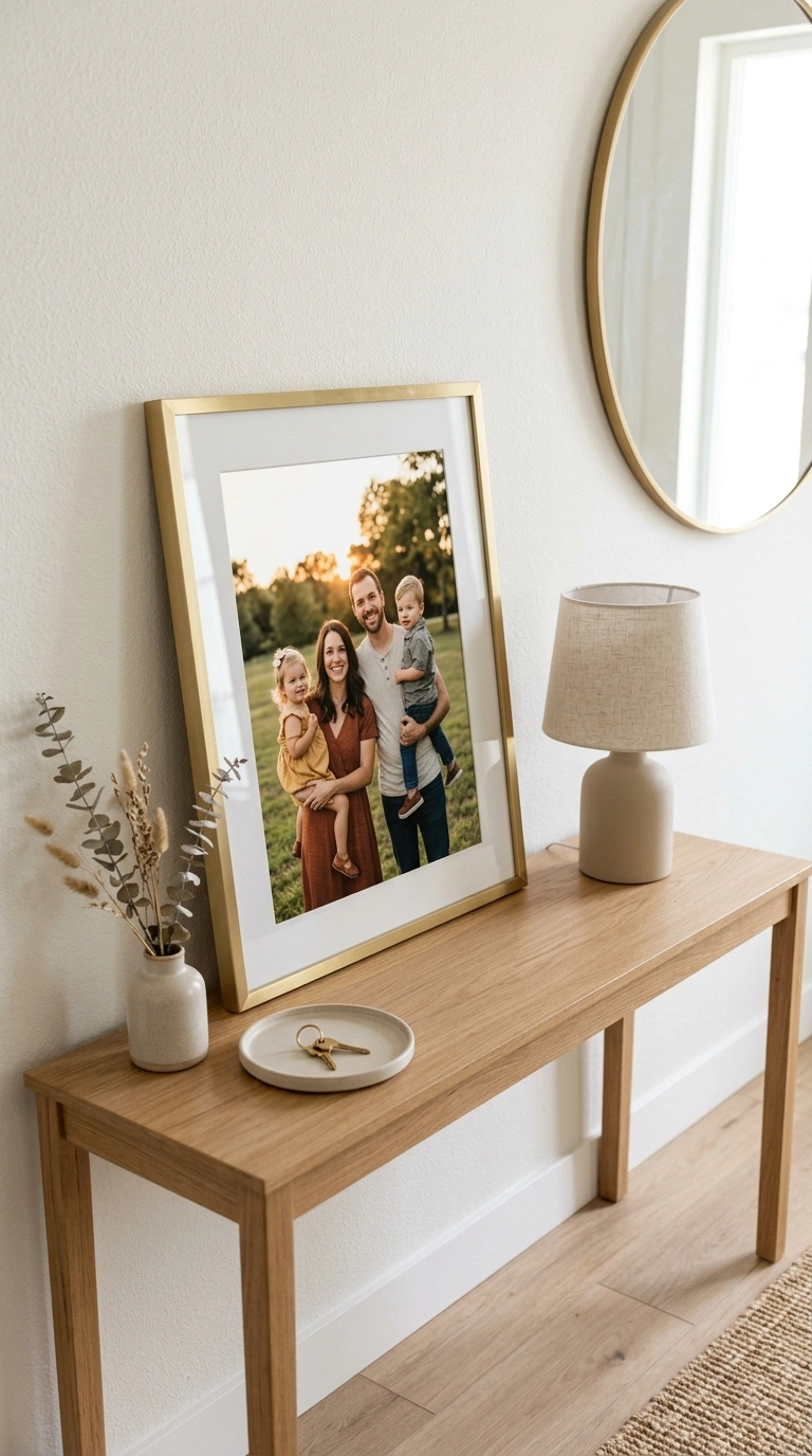 008 Framed Family Photo An entryway table with a brush
