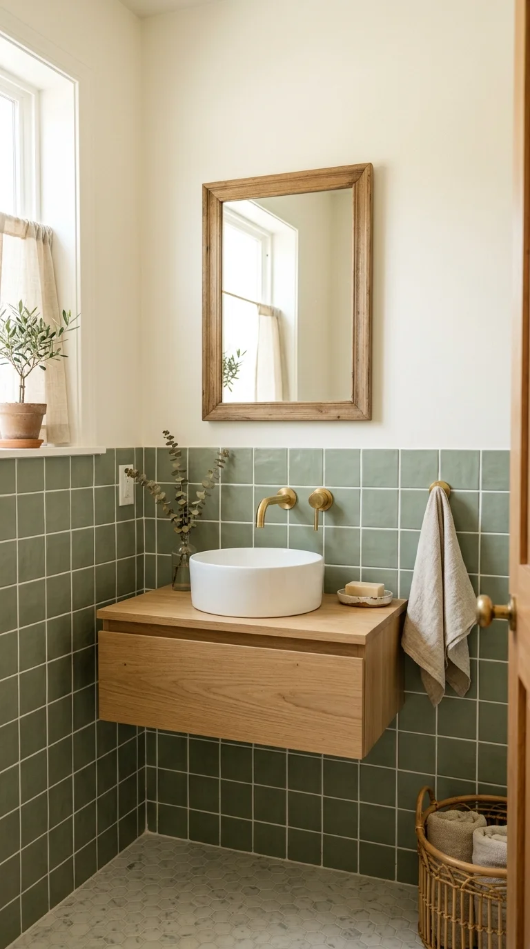008 Green Tile Wall A powder room with sage green squa