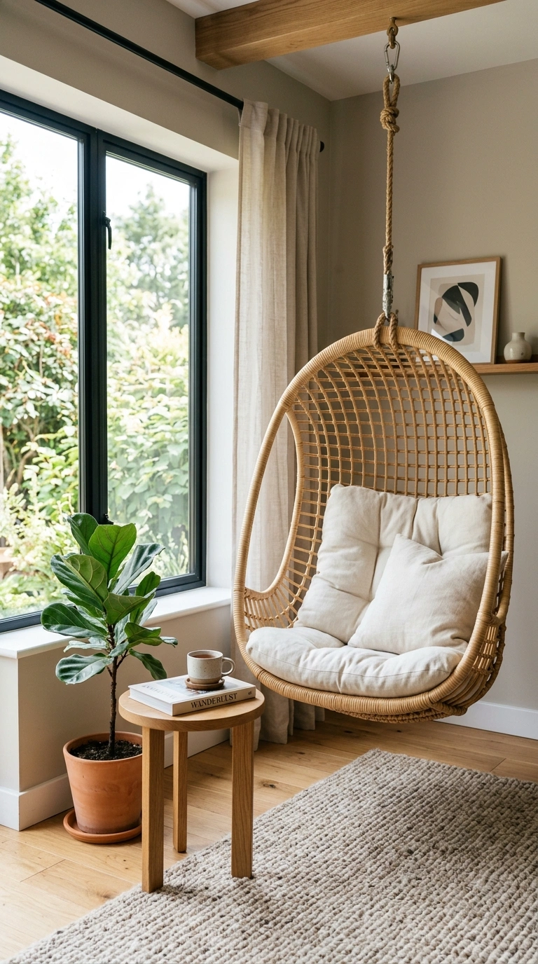 23 Simple Reading Nook Ideas You Can Set Up Today 9 008 Hanging Egg Chair A rattan hanging egg chair with