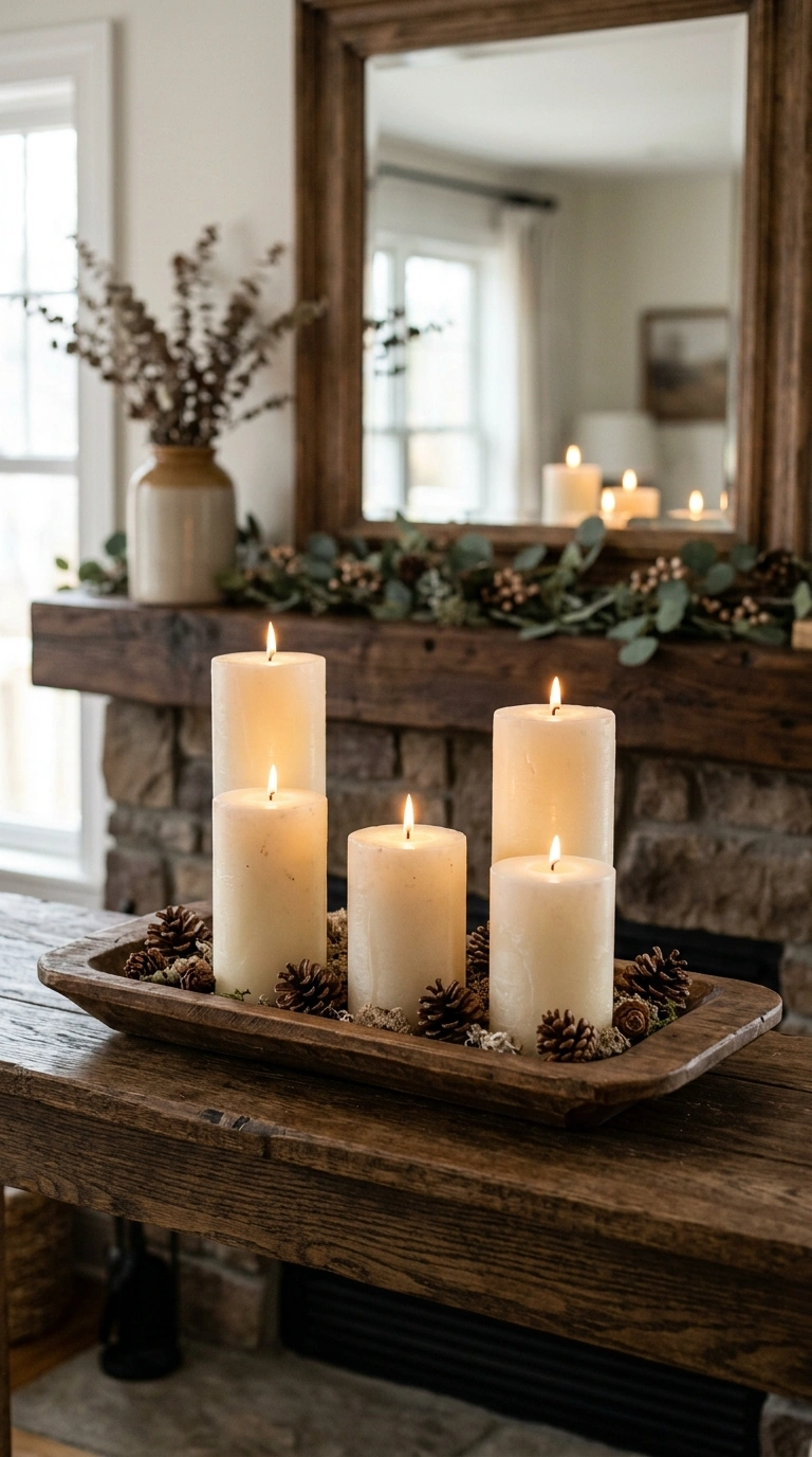 19 Trendy Fall Shelf Decor Ideas for Any Room 9 008 Ivory Candle Cluster A wooden tray on a mantel hol