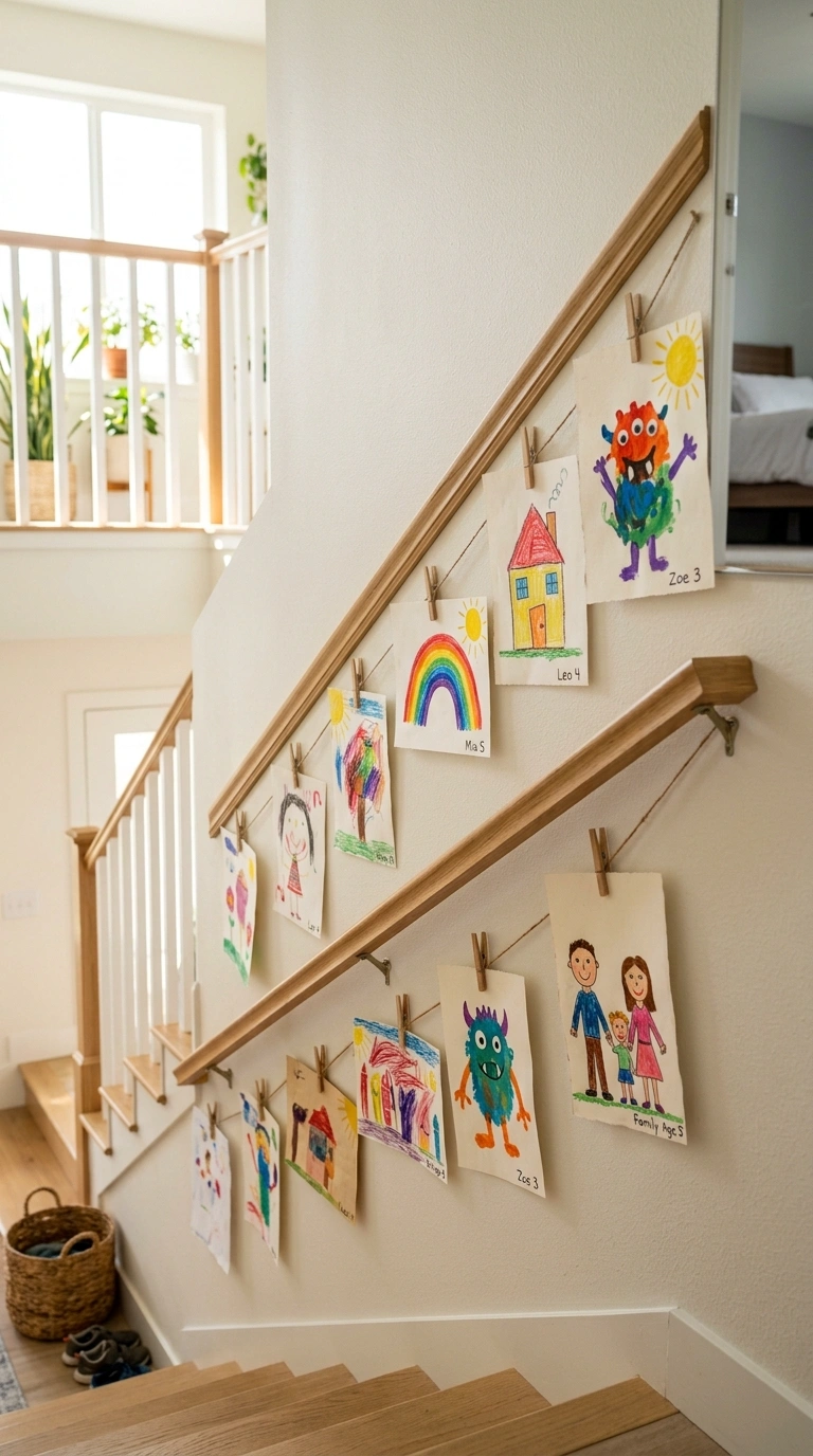 008 Kids Art Display Strip A staircase wall with a thi