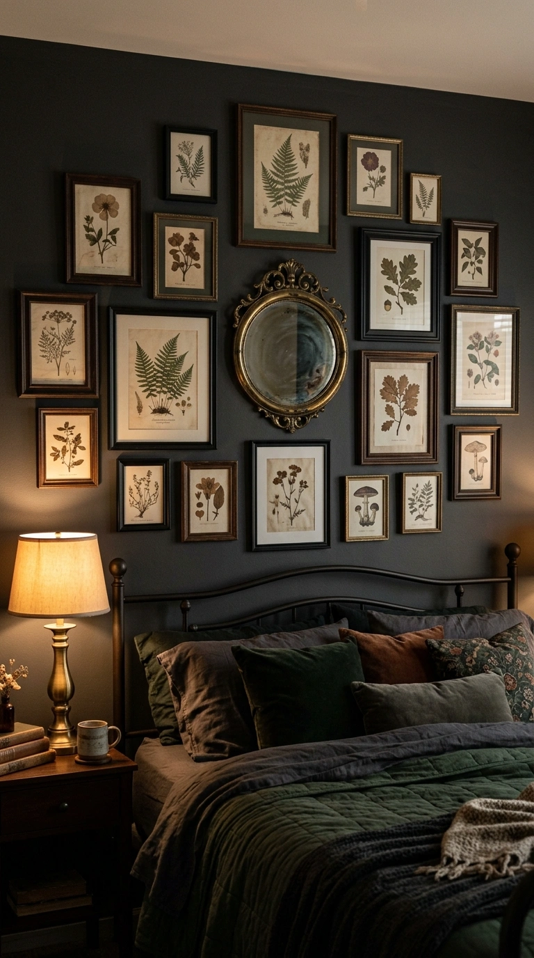 008 Moody Gallery Wall A wall above a bed decorated wi