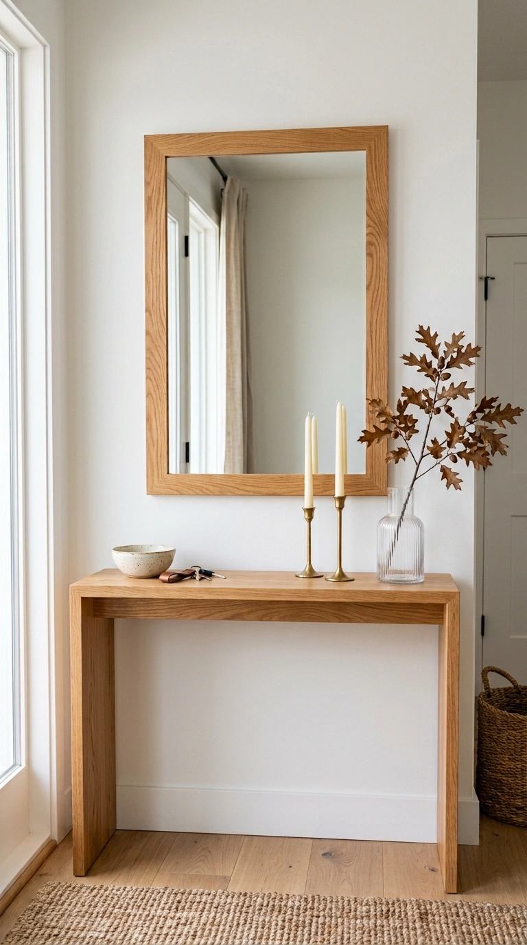 18 Jaw-Dropping Entryway Mirror Ideas You'll Love 9 008 Natural Wood Frame An oak framed mirror hanging ab