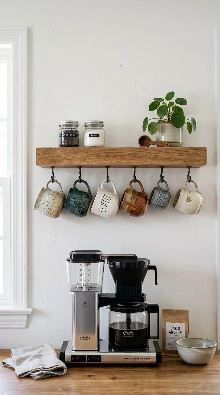 008 Open Shelf Mugs A single floating shelf above a co