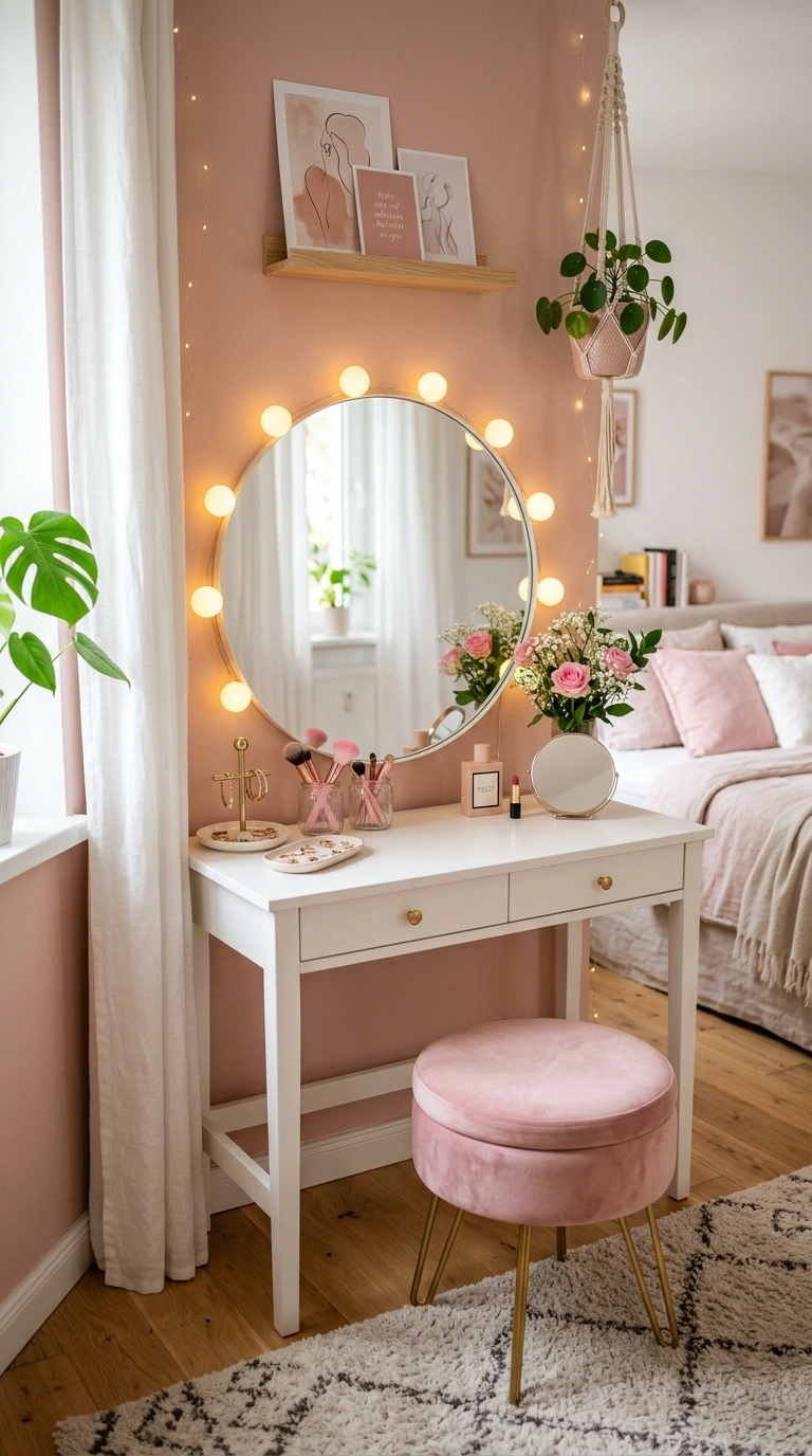 008 Pink Vanity Corner A bedroom corner with a slim wh