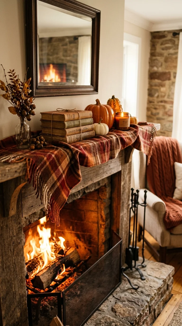 008 Plaid Runner Base A fireplace mantel with a red or