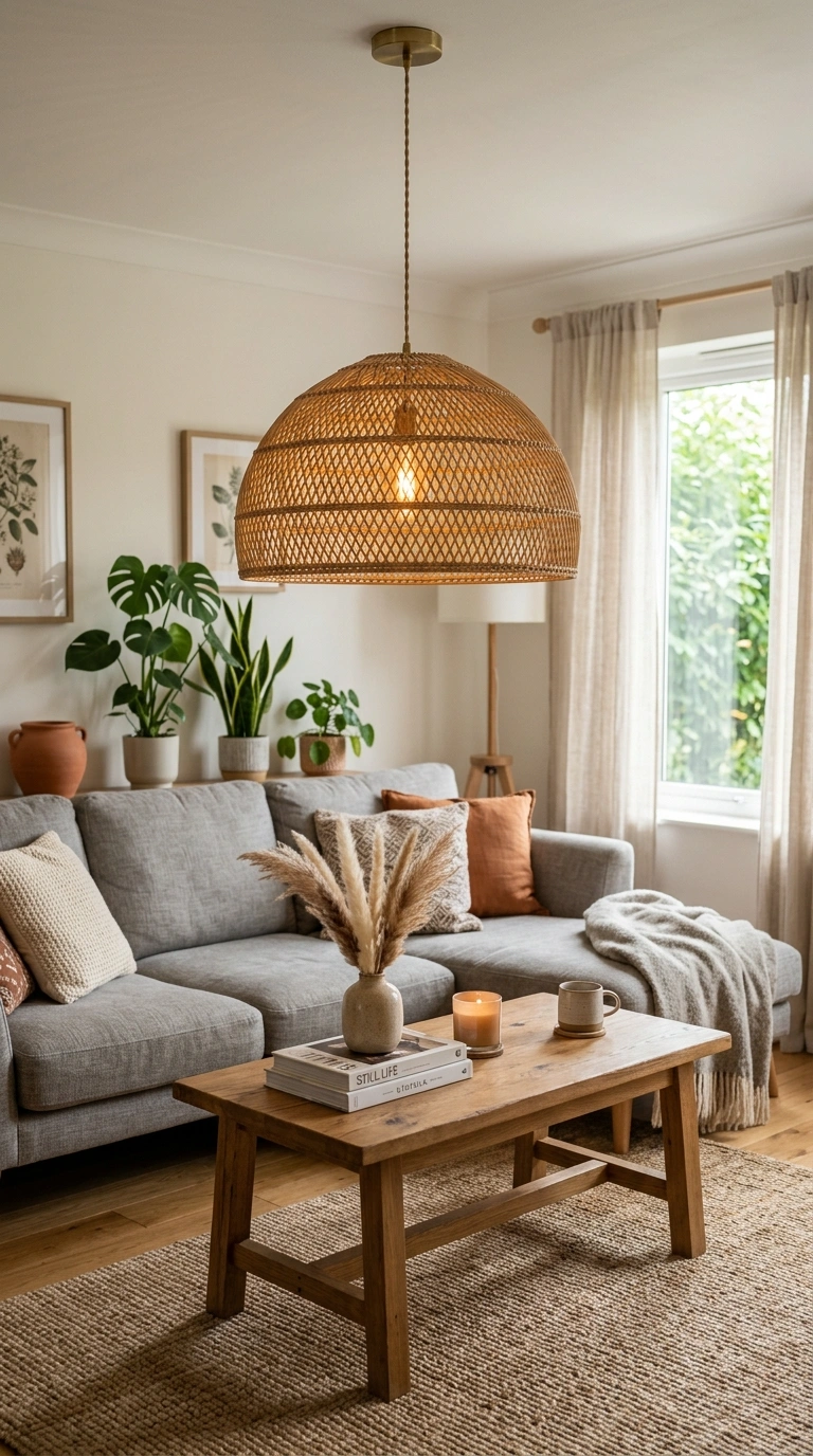 008 Rattan Pendant Light A living room with a rattan d