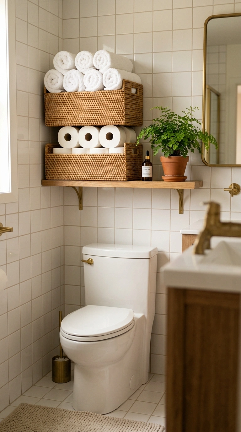 008 Rattan Storage Baskets A bathroom with rattan stor