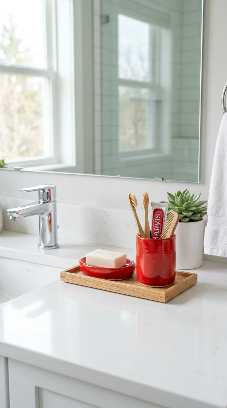 21 Bathroom Wall Decor Ideas for Black, Red & Chrome Themes + Smart Shower Storage 9 008 Red Ceramic Accents A white bathroom counter style