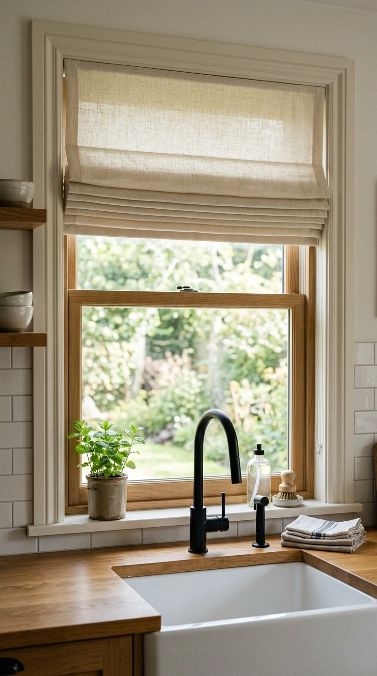 008 Roman Shade Style A kitchen sink window fitted wit