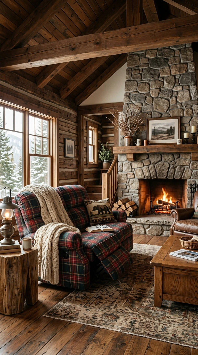008 Rustic Cabin Recliner A living room with a plaid u