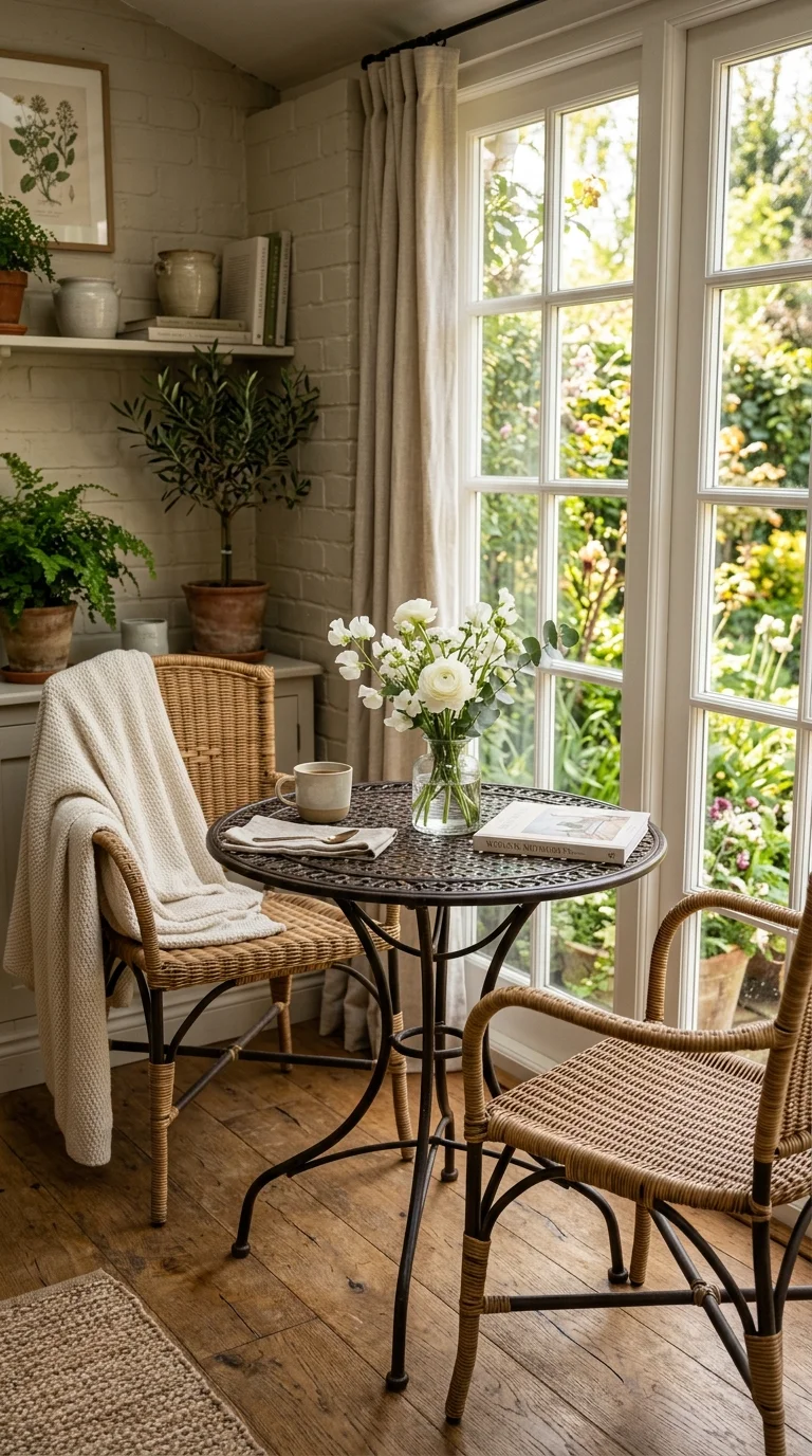 18 Sunroom Ideas for a Bright and Cozy Retreat 9 008 Small Bistro Table A round metal bistro table with