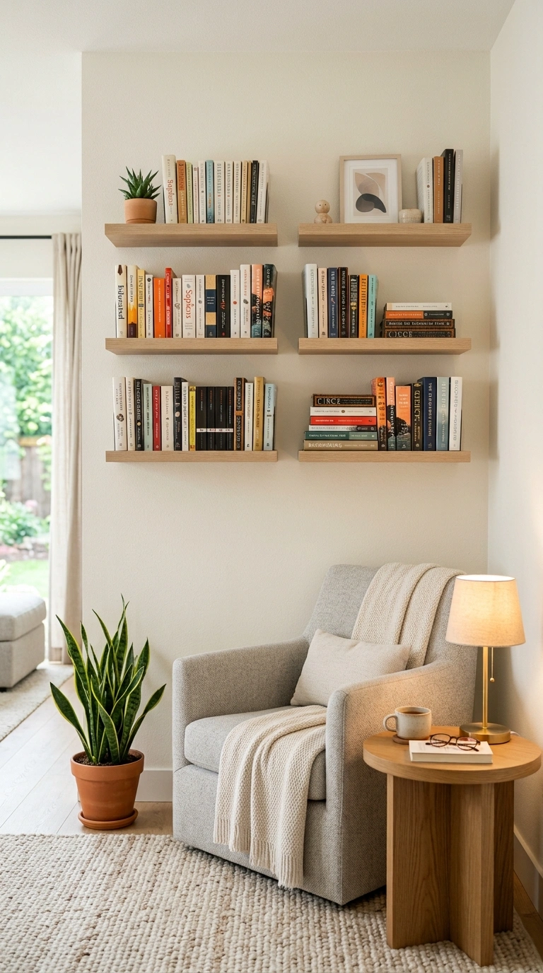 21 Small Home Library Ideas for Book Lovers 9 008 Small Wall Library Four light wood floating shelve