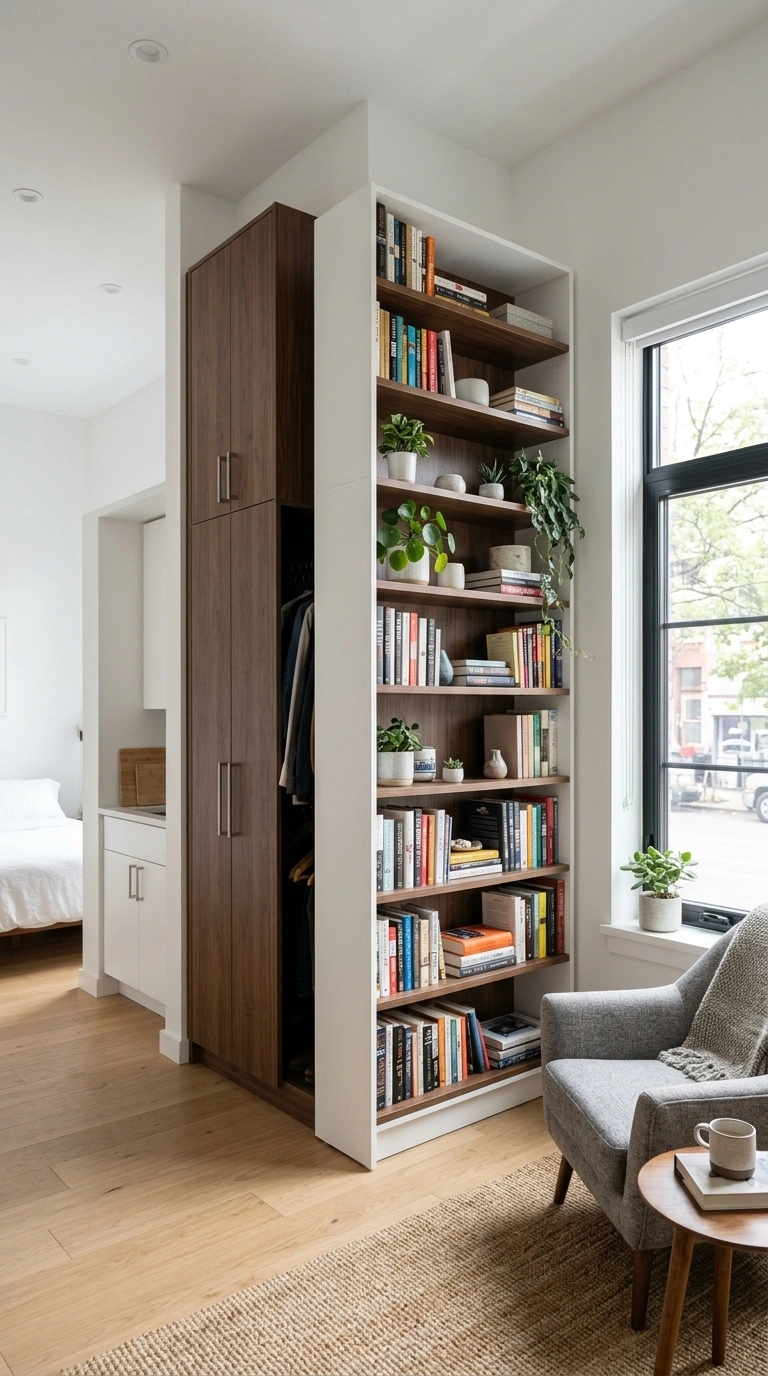 008 Vertical Wall Storage A studio apartment with a ta