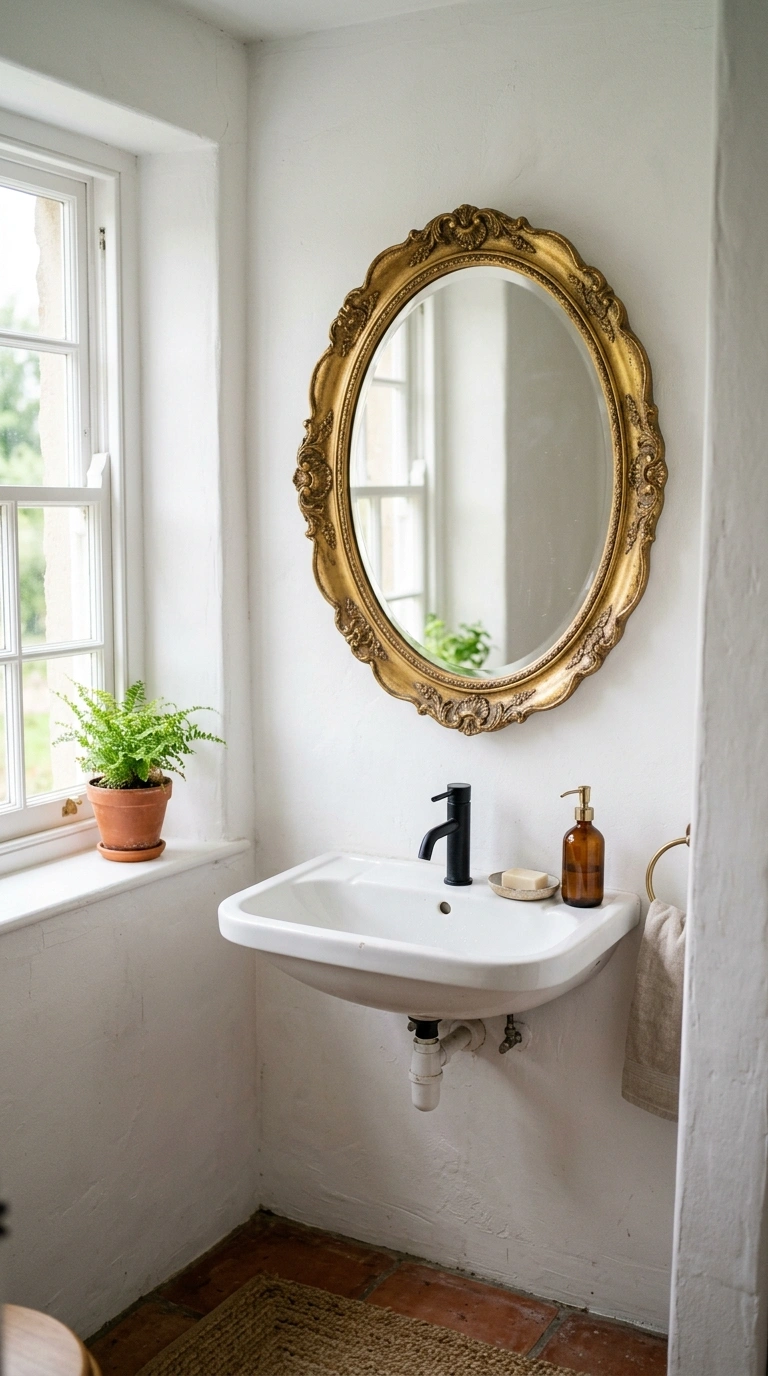 008 Vintage Mirror Frame A small bathroom with a gold