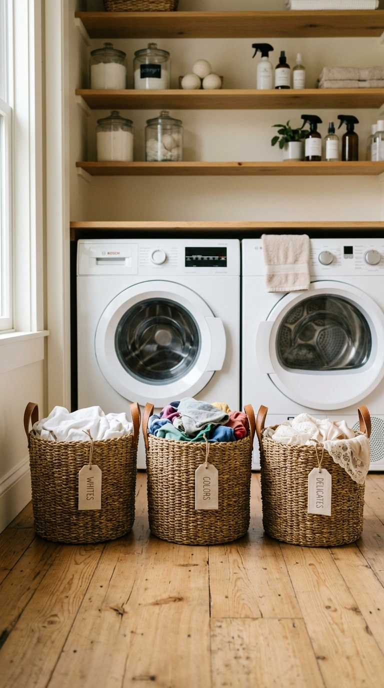 18 Inspiring Super Small Laundry Room Ideas for Apartment Renters 9 008 Woven Basket Sorting A laundry closet floor with t