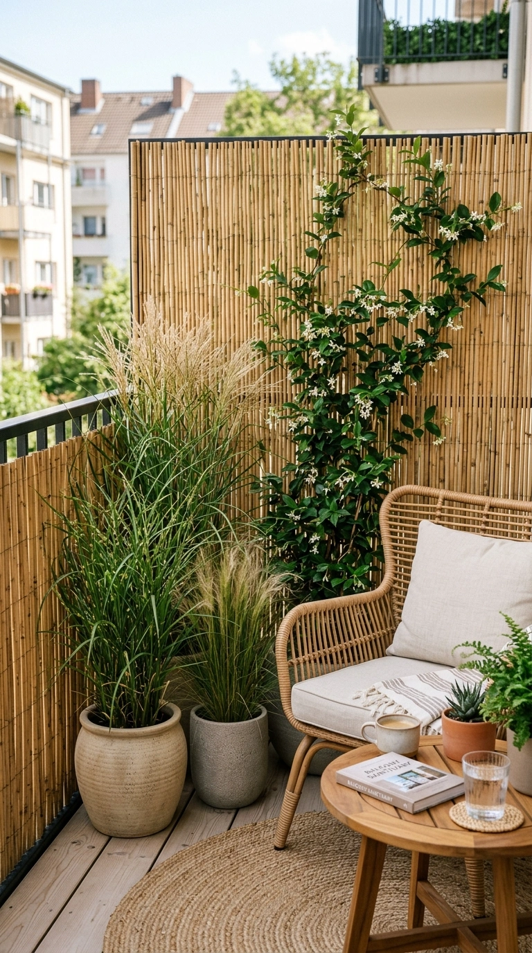 009 Bamboo Privacy Screen A balcony railing covered wi