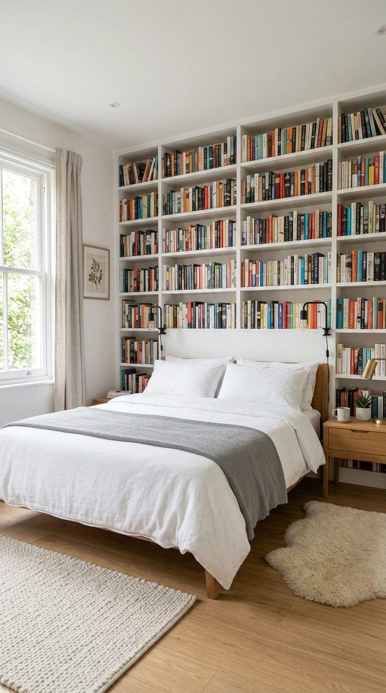 21 Small Home Library Ideas for Book Lovers 10 009 Bedroom Book Wall A bedroom with a full wall of wh