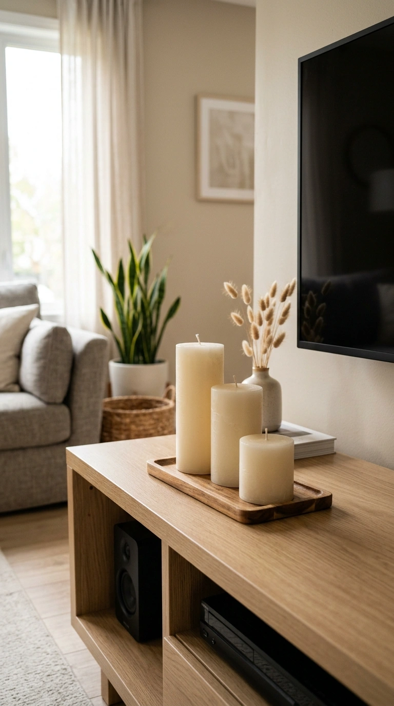 009 Candle Cluster Display A small wood tray on a TV s
