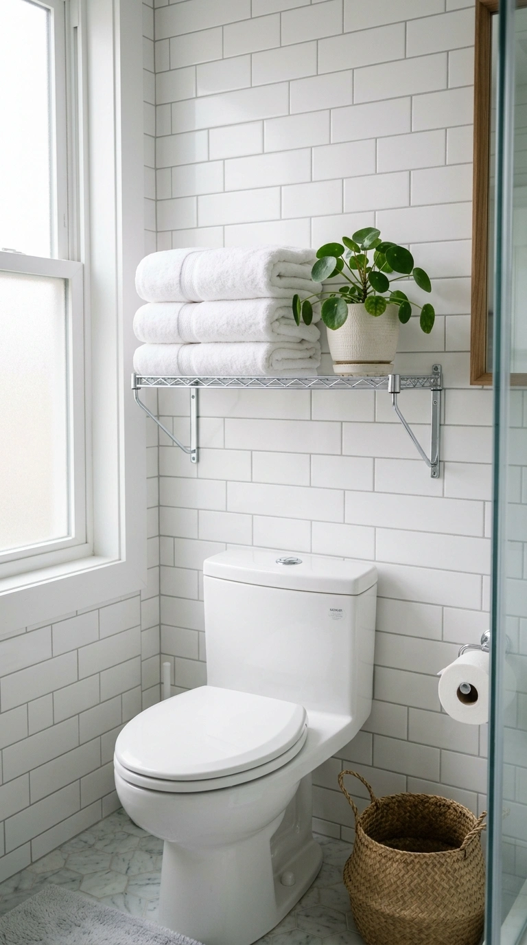 21 Bathroom Wall Decor Ideas for Black, Red & Chrome Themes + Smart Shower Storage 10 009 Chrome Wall Shelf A thin chrome wire wall shelf ab