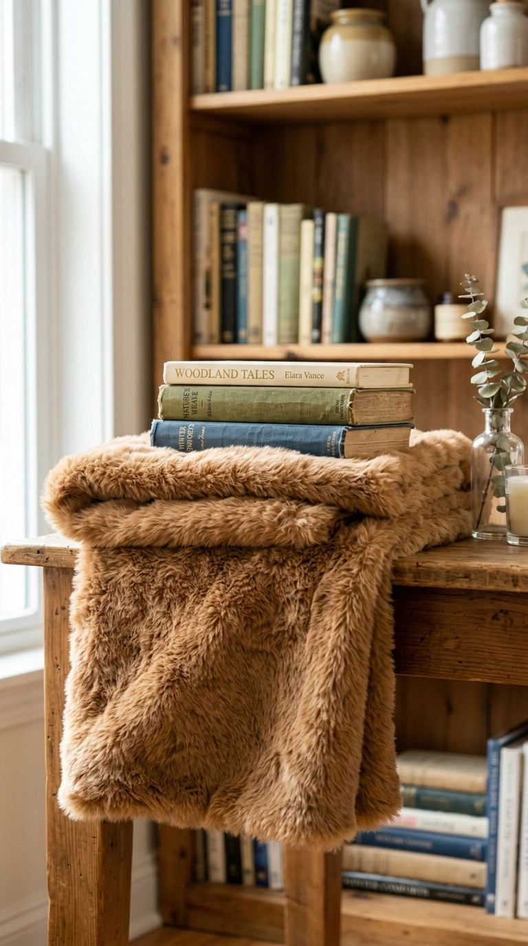 19 Trendy Fall Shelf Decor Ideas for Any Room 10 009 Faux Fur Throw Fold A soft caramel colored faux fu