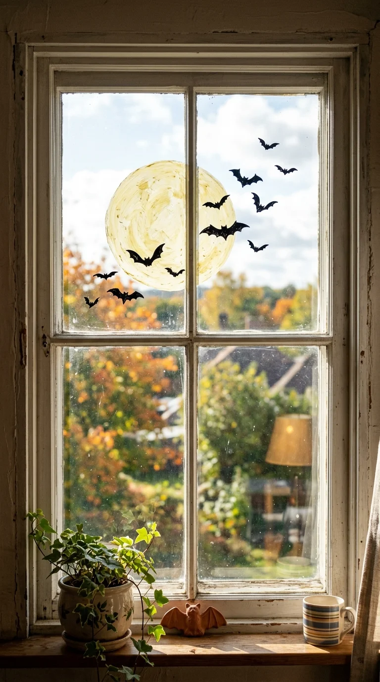 22 Halloween Window Painting Ideas to Make Your Home Stand Out 10 009 Full Moon Bats A home window painted with a large