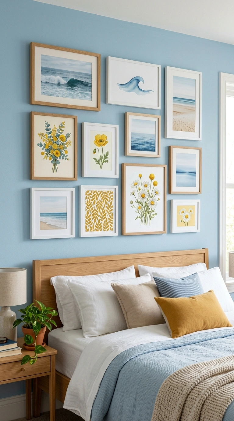 009 Gallery Wall Mix A bedroom wall above a bed featur