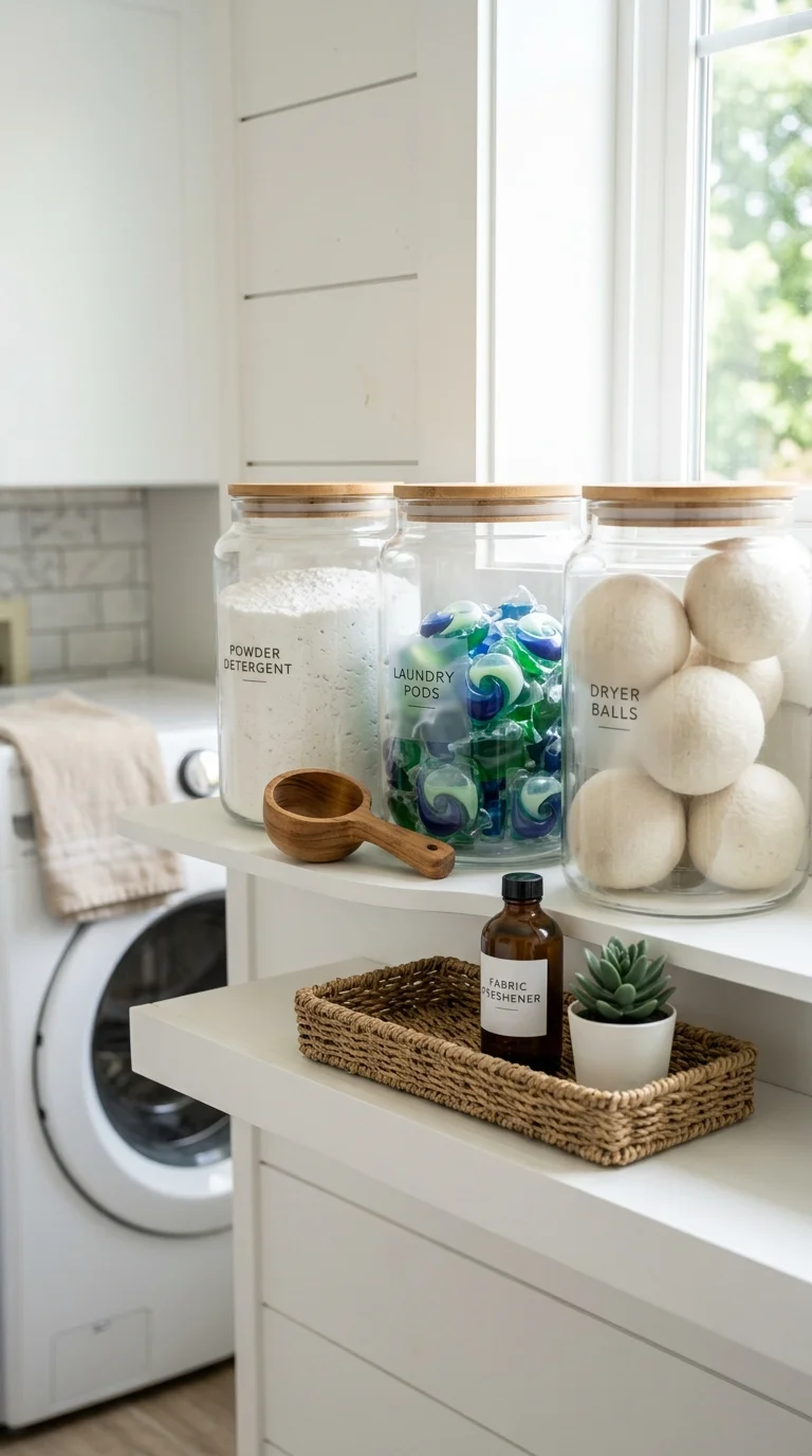 009 Glass Jar Storage A white shelf in a laundry room