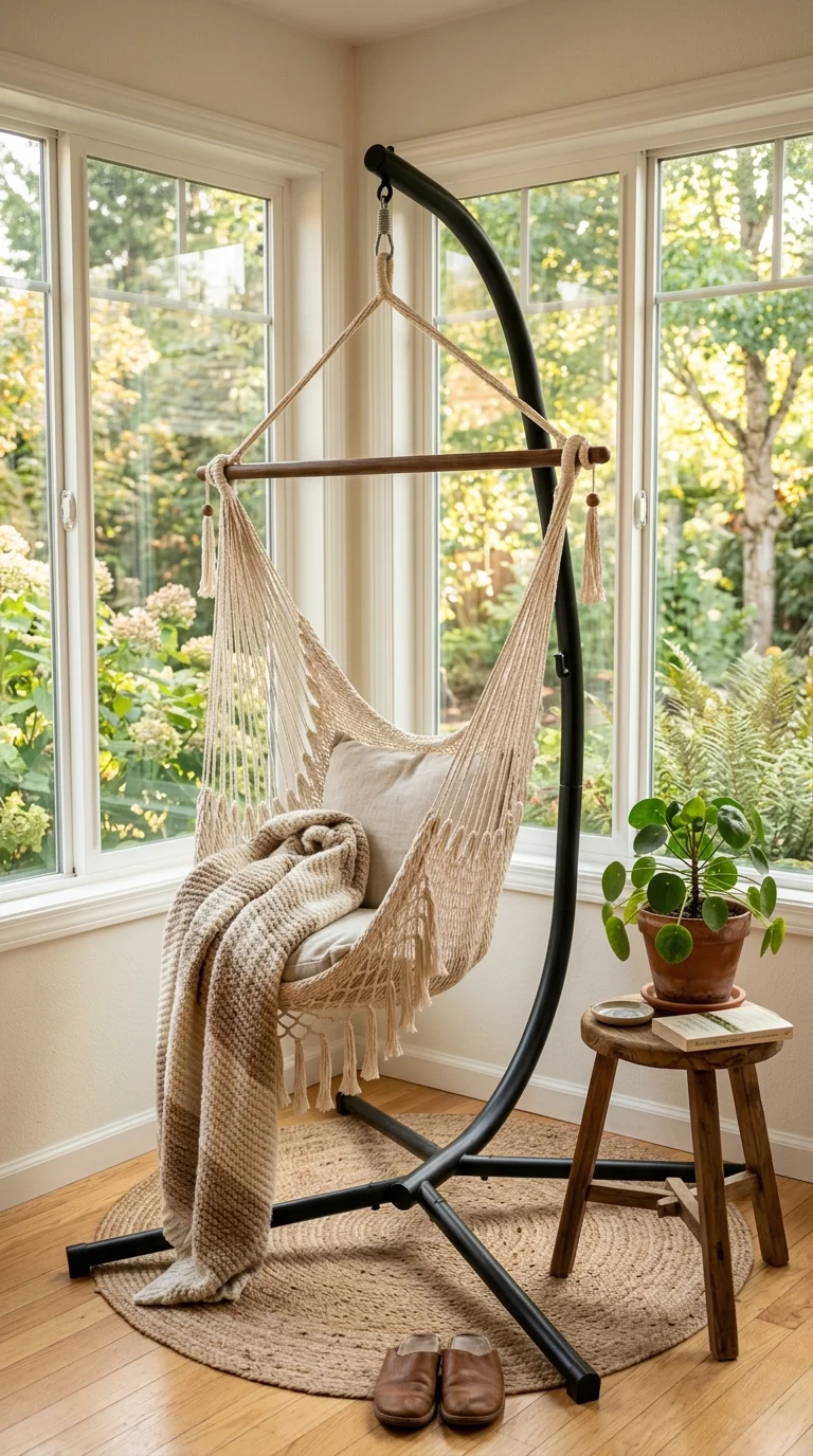 18 Sunroom Ideas for a Bright and Cozy Retreat 10 009 Hammock Chair Corner A sunroom corner with a woven