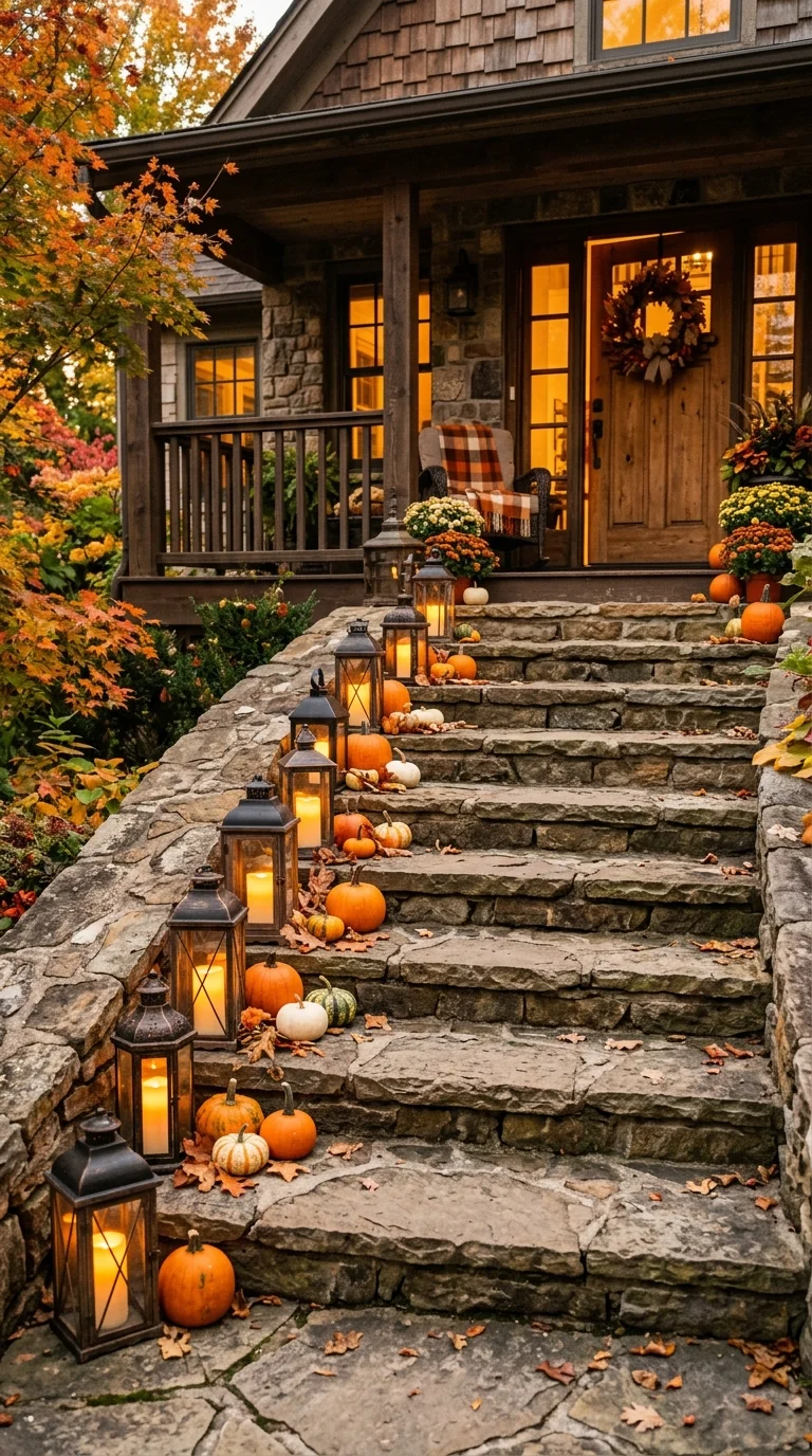 009 Lantern Row Lighting Porch steps lined with a stag