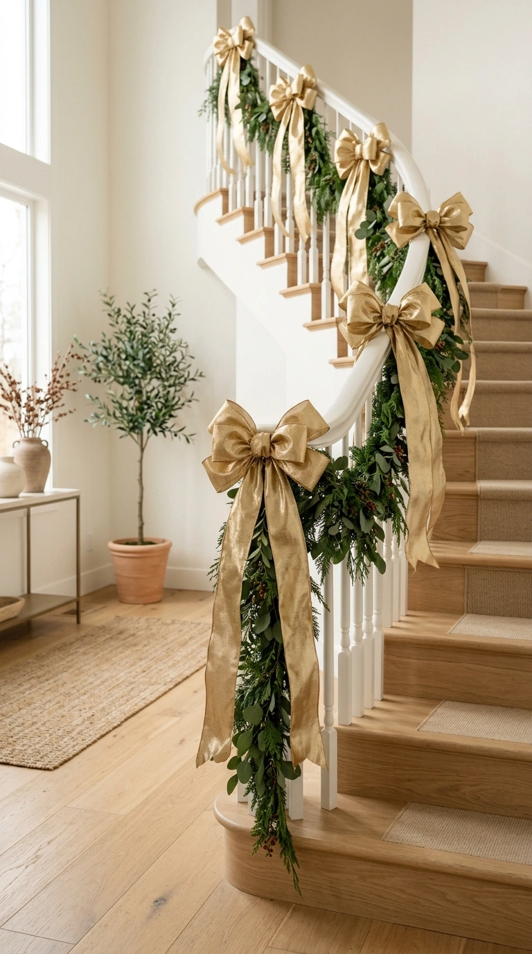 009 Metallic Ribbon Bows A staircase railing with seve
