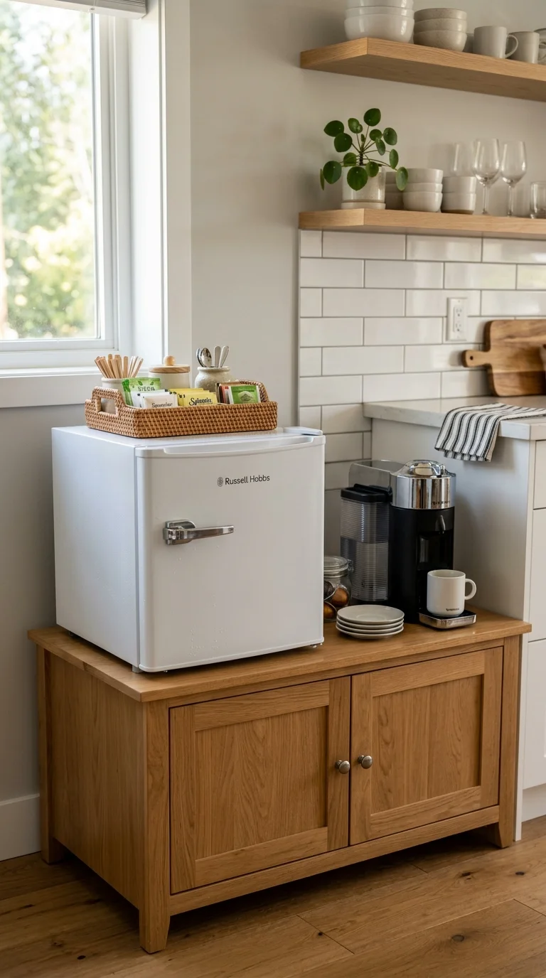 009 Mini Fridge Bar A small white mini fridge on a low