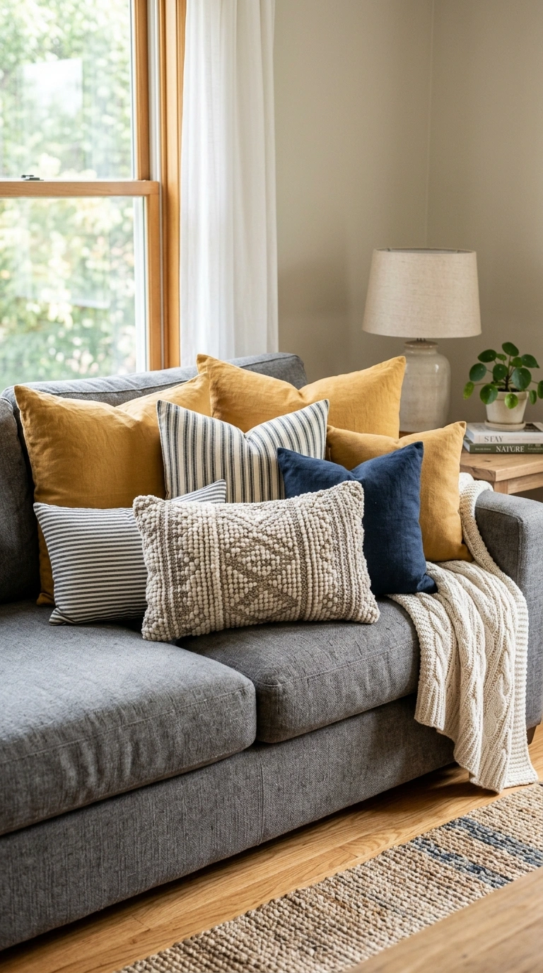 009 Mixed Print Pillows A grey fabric couch styled wit