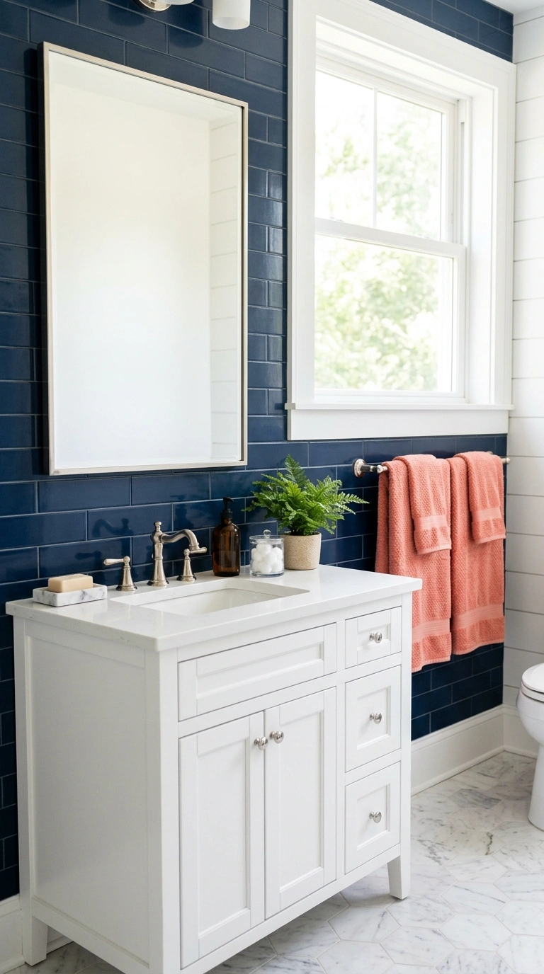 21 Colors That Pair Perfectly With Navy Blue 10 009 Navy And Coral A bathroom with navy blue tile a wh